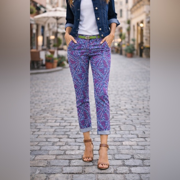 CAbi Palm Beach crop pants Multicolor Patterned Button-Up womens 8 strech - Picture 2 of 16